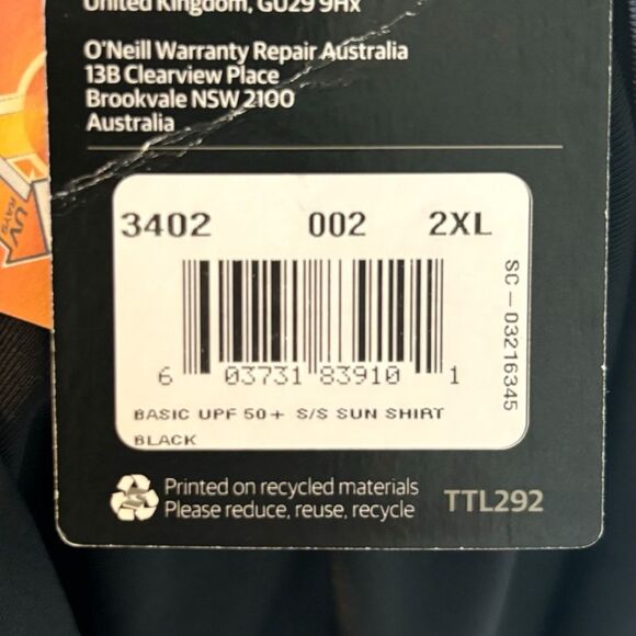 O’Neill Black UPF 50+ Short Sleeve Rash Guard Surf Shirt | XXL | NEW - Picture 10 of 13